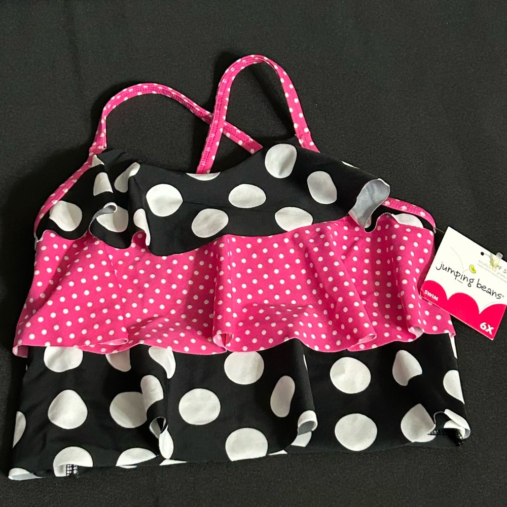 Jumping Beans Pink & Black Polka Dot Ruffle Swim SPF 50 Tankini Top 6X NWT